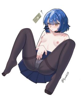 1girl ? absurdres banknote black_choker black_pantyhose blue_hair blue_skirt blush bocchi_the_rock! choker commentary hair_ornament hairclip highres mole mole_under_eye money nipples no_shoes panties panties_under_pantyhose pantyhose parallel_hairclips pleated_skirt pyruvate short_hair simple_background skirt smile solo underwear white_background yamada_ryo yellow_eyes