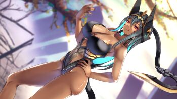 1girl :q ass bare_shoulders black_hair black_leotard blue_hair breasts cleavage clothing_cutout collarbone colored_inner_hair commission contrapposto covered_navel dark-skinned_female dark_skin dutch_angle facial_mark goddess_of_victory:_nikke hair_between_eyes hand_on_own_hip hand_up headgear highleg highres indivilia_(nikke) large_breasts leotard long_hair long_hair_between_eyes looking_at_viewer mechanical_tail multicolored_hair pixiv_commission red_eyes shiny_skin smile solo strapless strapless_leotard tail tail_blade thighs toned toned_female tongue tongue_out very_long_hair warabe_(waraghi)