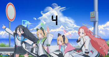 4girls :d absurdres animal_ear_headphones animal_ears aqua_halo aris_(blue_archive) arm_up black_hair black_hairband black_jacket black_shorts black_skirt black_tail blonde_hair blue_archive blue_eyes blue_jacket blue_sky blush bow braid buttons cat_ear_headphones cat_ears cat_tail chinese_commentary closed_mouth cloud cloudy_sky collared_shirt commentary_request cumulonimbus_cloud double-parted_bangs dsfr fake_animal_ears fake_tail floating_neckwear forehead game_development_department_(blue_archive) green_bow green_eyes green_halo green_jacket hair_between_eyes hair_bow hairband halo handheld_game_console headphones highres hood hood_down hooded_jacket horizon jacket kei_(robot)_(blue_archive) lightning_bolt_symbol long_bangs long_hair long_hair_between_eyes long_sleeves looking_ahead looking_back low-tied_sidelocks midori_(blue_archive) momoi_(blue_archive) moon multicolored_jacket multiple_girls multiple_hair_bows object_in_pocket one_side_up open_clothes open_jacket open_mouth outdoors outstretched_arm outstretched_arms parted_lips pink_eyes pink_halo pink_jacket pleated_skirt pocket pointing power_symbol puffy_long_sleeves puffy_sleeves railing rectangular_halo red_bow school_uniform shirt short_hair shorts siblings sidelocks single_braid sisters skirt sky smile spread_arms spread_fingers suspenders tail tail_bow tail_ornament twins two-sided_fabric two-sided_jacket unbuttoned untucked_shirt very_long_hair white_bow white_jacket white_shirt wide_sleeves yellow_halo yuzu_(blue_archive)