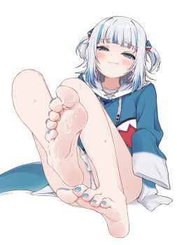 1girl animal_hood ass bare_legs barefoot blue_hair blue_hoodie blue_nails blunt_bangs blush closed_mouth collarbone cum cum_on_body cum_on_feet fang feet fins fish_tail foot_focus foreshortening gawr_gura gawr_gura_(1st_costume) grey_hair hair_ornament highres hololive hololive_english hood hoodie kahlua_(artist) knees_up legs long_sleeves looking_at_viewer multicolored_hair nail_polish panties pantyshot shark_girl shark_hair_ornament shark_hood simple_background sleeves_past_fingers sleeves_past_wrists soles solo streaked_hair sweatdrop tail teeth toenail_polish toenails toes two_side_up underwear virtual_youtuber white_background white_panties