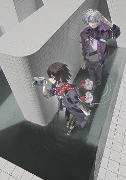 2boys absurdres arm_behind_head arm_up backrooms_(creepypasta) black_hair black_jacket black_pants camcorder camera earrings full_body fuwa_minato fuwa_minato_(1st_costume) hair_ornament highres holding holding_camera jacket jewelry kome_non long_sleeves male_focus mashiro_meme mashiro_meme_(1st_costume) multicolored_hair multiple_boys necklace nijisanji open_clothes open_jacket pants purple_eyes red_scarf ripples scarf single_earring standing streaked_hair tile_wall tiles video_camera virtual_youtuber wading water white_hair