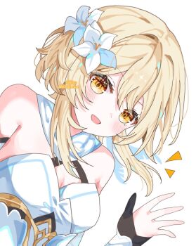 Rule 34 | 1girl, black gloves, blonde hair, blush, breasts, cleavage, commentary request, flower, genshin impact, gloves, hair between eyes, hair flower, hair ornament, hand up, highres, hitsuki (ruon), looking at viewer, lumine (genshin impact), medium breasts, open mouth, partially fingerless gloves, short hair with long locks, simple background, sleeveless, solo, twitter username, upper body, white background, white flower, yellow eyes