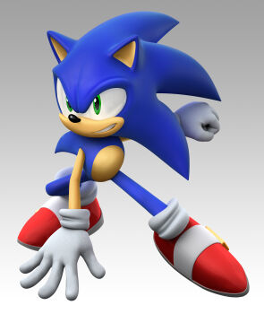 1boy 3d absurdres animal_ears animal_nose arm_up blue_fur blue_hair body_fur clenched_hand full_body furry furry_male gloves gradient_background green_eyes grey_background grin hand_on_ground happy highres long_hair looking_afar male_focus mario_&amp;_sonic_(series) mario_&amp;_sonic_at_the_olympic_games_(2007) official_art red_shoes shoes sideways_mouth simple_background smile socks solo sonic_(series) sonic_the_hedgehog spiked_hair spread_legs squatting teeth third-party_source white_gloves white_socks