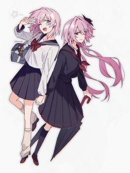 2girls evernight_(honkai:_star_rail) highres holding_hands honkai:_star_rail honkai_(series) march_7th_(honkai:_star_rail) maroronegi multicolored_eyes multiple_girls official_alternate_eye_color open_mouth pink_hair red_eyes school_uniform serafuku simple_background smile two-tone_eyes white_background