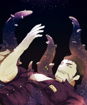 1boy arm_fins bara beard_stubble bone_color919 dagon_(housamo) facial_hair fish_boy from_side glint grin hand_up highres jewelry large_pectorals long_sideburns lying male_focus mature_male monster_boy muscular muscular_male mustache_stubble necklace on_back pectoral_cleavage pectorals protected_link sharp_teeth short_hair short_sleeves sideburns sky smile solo star_(sky) starry_sky starry_sky_background stubble teeth tentacles tokyo_houkago_summoners upper_body veins veiny_hands