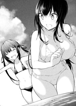 2girls arisou_de_nasa_sou bikini black_bikini black_hair blush breasts cloud greyscale hiiragi_yuuichi kaede_(arisou_de_nasa_sou) large_breasts leaning_forward long_hair medium_breasts monochrome multiple_girls navel non-web_source open_mouth outdoors outstretched_arms sky smile spread_arms swimsuit yue_(arisou_de_nasa_sou)