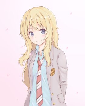 Rule 34 | 1girl, arms behind back, blazer, blonde hair, blue shirt, buttons, closed mouth, collared shirt, commentary request, diagonal-striped clothes, diagonal-striped necktie, falling petals, gradient background, grey eyes, grey jacket, highres, jacket, long hair, long sleeves, miyazono kawori, na o, necktie, open clothes, open jacket, petals, pink background, pink petals, red necktie, school uniform, shigatsu wa kimi no uso, shirt, smile, solo, striped clothes, upper body, white background