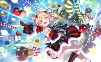 1girl armpits artist_request attack ayano_rika ayano_rika_(christmas_ver.) back_bow bare_shoulders bell belt belt_buckle black_belt blonde_hair blue_background boots bow bowtie brooch brown_boots buckle candy candy_cane christmas christmas_ornaments christmas_stocking christmas_tree circle_skirt detached_sleeves dot_nose eyelashes feet_out_of_frame floating_clothes floating_hair food frilled_skirt frills fur-trimmed_boots fur-trimmed_shorts fur-trimmed_skirt fur-trimmed_sleeves fur_trim game_cg gift green_bow hair_bell hair_between_eyes hair_bow hair_ornament halter_shirt halterneck happy hexagram high_belt highres jewelry knee_up knees light_blush light_particles long_sleeves looking_ahead magia_record:_mahou_shoujo_madoka_magica_gaiden mahou_shoujo_madoka_magica mahou_shoujo_madoka_magica_magia_exedra medium_hair miniskirt official_alternate_costume official_art open_mouth petticoat pointing pointing_forward red_bow red_eyes red_shirt red_skirt shirt shorts skirt smile snowflakes snowing solo sparkle star_brooch streamers striped_bow striped_bowtie striped_clothes two_side_up white_bow