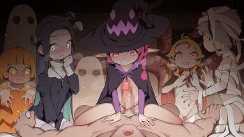 1boy black_hair blonde_hair blvefo9 censored commentary english_commentary halloween hat hetero loli mosaic_censoring multiple_girls original penis pink_hair pointy_ears witch_hat