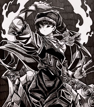 1girl absurdres apron arm_up between_fingers chisel closed_mouth dot_mouth dress expressionless frilled_dress frilled_sleeves frills greyscale hair_over_one_eye haniyasushin_keiki hatching_(texture) headscarf highres holding hood jewelry long_hair looking_down magatama magatama_necklace monochrome necklace object_in_pocket pocket scarf short_sleeves solo tanishi_(agaribito_snail) tools touhou traditional_media upper_body wood_carving_tool