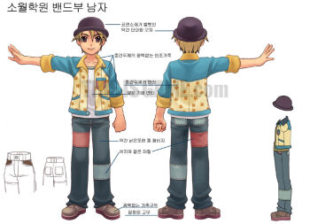 2boys artist_request blue_jacket blue_pants blue_sleeves bowler_hat breast_pocket brown_eyes brown_hair brown_shoes buttons clenched_hand closed_mouth collarbone collared_jacket commentary_request crew_neck denim dot_nose dual_persona fashion floral_print floral_print_jacket from_behind hair_between_eyes hat jacket jeans korean_commentary korean_text legs_apart light_smile looking_at_viewer male_focus multiple_boys multiple_views notes official_art open_hand pants patchwork_clothes pocket production_art purple_hat reference_sheet shirt shoes short_hair simple_background sleeve_cuffs standing straight-on streetwear t-shirt third-party_source three-quarter_sleeves translation_request turnaround watermark web_address white_background wing_collar yellow_jacket yogurting