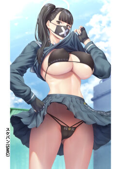 1girl bikini black_bikini black_hair black_mask black_serafuku blue_archive breasts highres image_sample large_breasts lifting_own_clothes pixiv_sample pleated_skirt school_uniform serafuku side_ponytail skirt sukeban_(smg)_(blue_archive) swimsuit zucchini