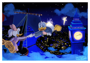 1boy 2girls blue_eyes bow city_lights cityscape company_connection daisy_duck disney donald_duck duck_boy duck_girl elizabeth_tower fairy fairy_wings flying furry mickey_mouse_&amp;_friends multiple_girls night night_sky open_mouth pirate_ship ponytail shirt short_hair short_ponytail sky takatmaorange tinker_bell_(disney) walt_disney&#039;s_peter_pan wings
