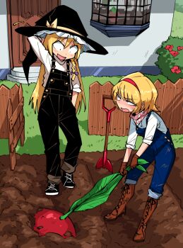 2girls adapted_costume alice_margatroid arm_behind_head backyard black_footwear black_headwear black_overalls blonde_hair boots braid brown_footwear brown_gloves bush dirt dirty_footwear door flower food fruit garden gardening gloves grass hair_between_eyes hairband hand_in_pocket hat kirisame_marisa knee_boots lace-up_boots looking_at_another multiple_girls neckerchief outdoors overalls oversized_food oversized_object pants pants_rolled_up pulling red_hairband red_neckerchief shimizu_pem shirt short_hair shovel sleeves_rolled_up standing touhou v-shaped_eyebrows vegetable white_shirt window witch_hat