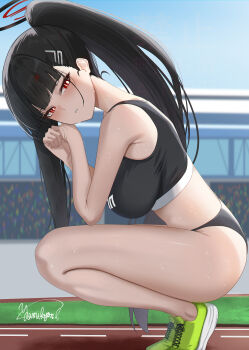 1girl absurdres alternate_costume bare_arms bare_shoulders black_sports_bra blue_archive blush breasts bright_pupils day full_body green_shoes hair_ornament hairclip halo highres large_breasts long_hair looking_at_viewer looking_to_the_side outdoors parted_lips ponytail rio_(blue_archive) shoes signature sneakers solo sports_bra squatting sweat thighs white_pupils yamikyon