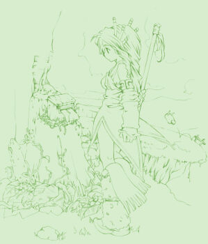 1girl armlet bad_id boots breasts cliff cloud cloudy_sky curly_hair day detached_sleeves dress expressionless fence flower from_side full_body fur-trimmed_boots fur_trim grass green_theme hair_ornament halterneck hand_up holding holding_staff imu_(lom) jewelry knee_boots leaf legend_of_mana lineart long_hair looking_down medium_breasts monochrome on_grass outdoors rendezvous rock seiken_densetsu sky solo staff standing