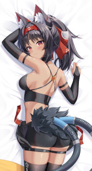 1girl absurdres animal_ear_fluff animal_ears ass bed_sheet bike_shorts black_shirt black_shorts breasts bridal_gauntlets cable cable_tail cat_ears cat_girl cat_tail dakimakura_(medium) dokimaru facial_mark forehead_mark forehead_tattoo hairband highres looking_at_viewer mechanical_tail medium_breasts multiple_tails nekomata nekomiya_mana red_hairband shirt shorts tail tattoo triangle triangle_facial_mark two_tails zenless_zone_zero