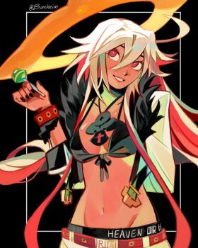 1girl :d ahoge ankh ankh_necklace arm_behind_back black_background black_bra black_nails borcheim border bra breasts candy cleavage commentary cowboy_shot crop_top cropped_jacket double-parted_bangs english_commentary floating_hair food front-fastening_bra front-tie_bra fur_collar gold_halo guilty_gear guilty_gear_strive hair_between_eyes halo holding holding_candy holding_food holding_lollipop jack-o'_valentine jacket lollipop long_hair long_sidelocks lowleg lowleg_pants medium_breasts nail_polish navel open_mouth outside_border pants pink_lips red_eyes sidelocks smile solo spiked_halo stomach twitter_username underwear upper_body very_long_hair very_long_sidelocks white_hair white_jacket