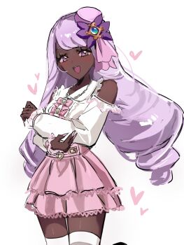 1girl absurdres alternate_costume blush bow clothing_cutout cowboy_shot crossed_arms dark-skinned_female dark_skin fascinator fingernails frilled_skirt frilled_sleeves frills heart highres jacinthe_(pokemon) kairi0w0 long_hair long_sleeves looking_at_viewer low_drills mega_stone nail_polish nintendo open_mouth pink_bow pink_nails pink_skirt pokemon pokemon_legends:_z-a purple_eyes purple_hair sharp_fingernails shirt shirt_bow shoulder_cutout skirt smile solo teeth thighhighs upper_teeth_only very_dark_skin very_long_fingernails white_shirt white_thighhighs