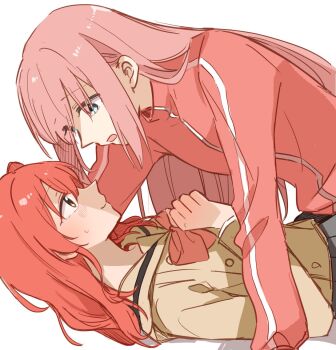 2girls blue_eyes blush bocchi_the_rock! bow bowtie brown_shirt closed_mouth commentary_request eye_contact gotoh_hitori green_eyes highres jacket kita_ikuyo long_hair long_sleeves looking_at_another multiple_girls open_mouth pink_hair pink_jacket red_bow red_bowtie red_hair school_uniform shirt shuka_high_school_uniform simple_background smile sweatdrop track_jacket uuron_(nkktmrrr) white_background yukadon yuri