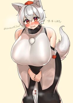 1girl absurdres animal_ear_fluff animal_ears black_skirt blush breasts commentary_request detached_sleeves feet_out_of_frame hat highres holding holding_panties holding_underwear holding_unworn_clothes huge_breasts inubashiri_momiji leaning_forward long_skirt looking_at_viewer open_mouth orange_eyes panties pom_pom_(clothes) red_hat shirt short_hair simple_background skirt sleeveless sleeveless_shirt solo tail take_(take143000) thick_eyebrows tokin_hat touhou translation_request turtleneck turtleneck_shirt underwear white_hair white_panties white_shirt white_sleeves wolf_ears wolf_girl wolf_tail yellow_background