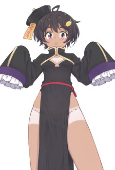 1girl absurdres ahoge black_dress black_hat blush breasts breasts_apart chinese_clothes cleavage_cutout clothing_cutout covered_navel cowboy_shot dress food-themed_hair_ornament frilled_sleeves frills groin hair_ornament hat highres jiangshi jiangshi_costume k-go lemon_hair_ornament long_sleeves looking_at_viewer make_heroine_ga_oo_sugiru! ofuda ofuda_on_head open_mouth pelvic_curtain purple_eyes purple_hair qingdai_guanmao short_hair simple_background sleeves_past_fingers sleeves_past_wrists small_breasts solo tan tanline white_background yakishio_lemon