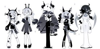 Rule 34 | 1018sus, 5girls, :d, :o, ahoge, arm at side, arm under breasts, arms at sides, asymmetrical legwear, asymmetrical sleeves, bare shoulders, belt, black-framed eyewear, black boots, black bow, black eyes, black gloves, black hair, black hairband, black horns, black mouth, black necktie, black sclera, black shoes, black skin, black skirt, black sweater, black tail, black veil, bone hair ornament, book, boots, bow, bow legwear, breasts, center-flap bangs, clothing cutout, collared shirt, colored inner hair, colored sclera, colored skin, commentary request, contrapposto, cross-laced clothes, cross-laced sleeves, curly hair, curly sidelocks, cyclops, double-parted bangs, dress, empty eyes, eyes visible through hair, fang, fewer digits, fingerless gloves, flat chest, frilled dress, frills, full body, garter straps, glasses, gloves, gradient hair, grey eyes, grey hair, grey skin, grey skirt, hair flaps, hair ornament, hairband, hand on own arm, hand up, heterochromia, highres, holding, holding book, horn bow, horn ornament, horns, impossible clothes, impossible dress, jacket, knee boots, kneehighs, knees together feet apart, korean commentary, lace-up boots, layered sleeves, legs apart, legs together, limited palette, long dress, long hair, long skirt, long sleeves, looking at viewer, low twintails, medium breasts, medium skirt, miniskirt, mismatched sclera, mismatched socks, mismatched thighhighs, multicolored hair, multicolored thighhighs, multiple girls, necktie, no nose, no pupils, one-eyed, open clothes, open jacket, open mouth, original, over-kneehighs, parted lips, pencil skirt, pleated skirt, round eyewear, shirt, shoelaces, shoes, short over long sleeves, short sleeves, shoulder cutout, side ponytail, side slit, sidelocks, simple background, single garter strap, skirt, sleeves past fingers, sleeves past wrists, small breasts, smile, socks, socks over thighhighs, sparkle, standing, striped clothes, striped thighhighs, sweater, thighhighs, twintails, two-sided veil, two-tone hair, two-tone thighhighs, v-neck, veil, very big eyes, very long hair, white background, white belt, white bow, white dress, white hair, white jacket, white shirt, white skin, white socks, white thighhighs, white veil, wide sleeves, x hair ornament, zettai ryouiki