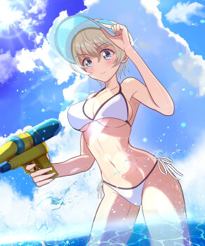 1girl absurdres baseball_cap bikini blonde_hair blue_eyes blush breasts cloud cloudy_sky day feet_out_of_frame girls_und_panzer hat highres kumaisao looking_at_viewer medium_breasts navel on_water outdoors short_hair sky smile solo standing swimsuit wading water water_gun white_bikini youko_(girls_und_panzer)