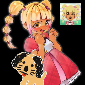Rule 34 | 1girl, black background, blonde hair, brown eyes, buttons, clenched hands, commentary, cookiesonfloors, crystal (tomodachi life: living the dream), dark-skinned female, dark skin, dog, dress, english commentary, fang, gradient hair, gyaru, hair ornament, highres, light blush, looking at viewer, multi-tied hair, multicolored hair, neckerchief, outer glow, pink hair, red dress, red neckerchief, reference inset, sailor collar, simple background, sparkling eyes, tomodachi life, tomodachi life: living the dream, white sailor collar, x hair ornament