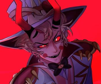 1boy animal black_bow black_bowtie blonde_hair bow bowtie colored_sclera demon_boy demon_horns hat hazbin_hotel hellaverse horns jacket lucifer_morningstar_(hazbin_hotel) male_focus open_mouth pointy_ears red_background red_horns red_sclera ruosnow sharp_teeth shirt short_hair simple_background smile snake solo striped_clothes striped_vest teeth top_hat vest white_hat white_jacket white_shirt yellow_eyes