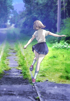 1girl blue_skirt day from_behind grass grey_hair highres k-yous koharu_rikka otaru_(hokkaido) outdoors overgrown pleated_skirt railroad_tracks road running scenery school_uniform shirt shoes short_hair short_sleeves skirt sneakers socks solo summer synthesizer_v thighs tree utility_pole white_shirt white_socks
