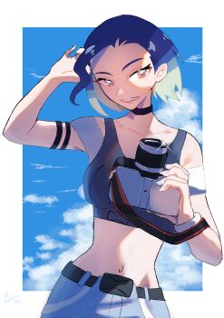 absurdres arm_strap awapontasu belt black_belt black_choker black_sports_bra blue_hair breasts brown_eyes camera choker collarbone commentary_request forehead green_hair hand_in_own_hair highres holding holding_camera medium_breasts midriff multicolored_hair navel nintendo perrin_(pokemon) pokemon pokemon_sv smile sports_bra two-tone_hair upper_body