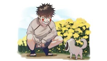 1boy akamaru_(naruto) baby_animal border brown_hair closed_eyes dog facial_mark flower full_body grey_shirt grey_shoes grin hair_between_eyes highres hxxnuat inuzuka_kiba long_sleeves looking_at_another male_focus naruto_(series) puppy sandals shirt shoes short_hair smile solo squatting teeth white_border yellow_flower