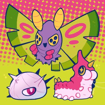 antennae artist_name bright_pupils bug cascoon commentary dustox english_commentary evolutionary_line floating gen_3_pokemon highres nintendo no_humans open_mouth pokemon pokemon_(creature) red_eyes smile spikes string_shot_(pokemon) tonestarr white_pupils wings wurmple yellow_eyes