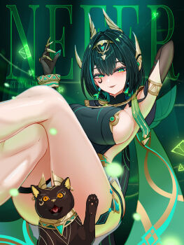 1girl arm_up armlet ashru_(genshin_impact) black_gloves breasts carlos_cabs cat character_name claws commentary crossed_legs diamond-shaped_pupils diamond_(shape) elbow_gloves english_commentary eye_tattoo fake_claws genshin_impact gloves green_eyes green_hair hair_between_eyes headpiece highres jewelry large_breasts looking_at_viewer mixed-language_commentary mole mole_under_eye nefer_(genshin_impact) parted_lips short_hair solo symbol-shaped_pupils tattoo thigh_strap usekh_collar