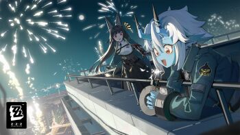 ! !! 2girls :d aerial_fireworks animal_ear_fluff animal_ears arm_guards belt black_belt black_gloves black_hair black_skirt blue_cape blue_horns blue_jacket blue_skin blunt_bangs building cape cityscape collared_shirt colored_skin commentary copyright_logo copyright_name cuffs ear_piercing earrings elbow_gloves english_commentary eyelashes fireworks floating_hair fox_ears fox_girl full_moon gauntlets gloves hair_between_eyes high-waist_skirt highres holding holding_fireworks horns hoshimi_miyabi jacket jewelry logo long_hair long_skirt long_sleeves looking_at_another moon multiple_girls night official_art oni open_mouth outdoors parted_bangs piercing pointy_ears railing red_eyes rooftop shirt shirt_tucked_in short_hair sidelocks single_gauntlet skin-covered_horns skirt sky smile soukaku_(zenless_zone_zero) sparkler standing tassel teeth upper_teeth_only white_hair white_shirt wing_collar zenless_zone_zero zipper