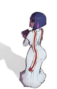 1girl absurdres ass black_hair blue_eyes blunt_bangs bob_cut book cassock colored_inner_hair commentary dress english_commentary from_behind full_body gradient_hair highres holding holding_book leaning_forward long_dress looking_back mosboru multicolored_hair panty_&amp;_stocking_with_garterbelt pink_hair priestess shadow short_hair signature solo stocking_(psg) stole white_dress