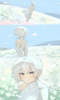 +_+ 1girl bow dress from_behind goddess_of_victory:_nikke grey_hair highres liliweiss_(nikke) lll_nngw looking_at_viewer official_alternate_costume shiny_eyes short_hair sleeveless smile solo sundress white_bow white_dress