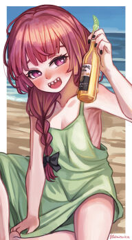 1girl @_@ alcohol arm_support artist_name beach beer beer_bottle blunt_bangs blush bocchi_the_rock! border bottle braid breasts commentary_request corona_(brand) dress drunk fangs food fruit green_dress hair_over_shoulder hakai_no_ika highres hiroi_kikuri holding holding_bottle lime_(fruit) lime_slice looking_to_the_side ocean open_mouth outside_border red_eyes ribs sand single_braid sitting small_breasts solo white_border