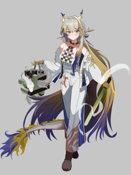 1girl absurdres arknights azk2 bare_shoulders belt blonde_hair blush breasts collarbone commentary dragon dragon_girl dragon_horns dragon_tail eastern_dragon full_body grey_background grey_eyes grey_hair hair_between_eyes highres holding holding_sword holding_weapon horns jacket jewelry light_smile long_hair long_sleeves looking_at_viewer medium_breasts multicolored_hair necklace off_shoulder pants pointy_ears purple_hair shu_(arknights) simple_background solo standing strapless sword tail tube_top very_long_hair weapon white_belt white_jacket white_pants white_tube_top