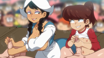 2girls 6+others animification apron audience black_hair blue_dress blurry blurry_background body_freckles braid breasts breasts_out breath brown_hair censored clothed_female_nude_male clothes_lift clothes_pull competition convenient_arm convenient_censoring dark-skinned_female dark_skin depth_of_field dress dutch_clothes dutch_qt_(the_loud_house) erection eye_contact eyeshadow fang flat_chest freckles grin hair_over_shoulder handjob hetero high_ponytail jcm2 large_breasts lips loli long_hair looking_at_another looking_to_the_side lynn_loud makeup mosaic_censoring multiple_girls multiple_others navel nipples nude penis ponytail public_indecency purple_eyeshadow raglan_sleeves red_sleeves shirt shirt_lift shirt_pull short_hair small_nipples smile sweat sweatdrop teeth the_loud_house twin_braids two-handed_handjob veins veiny_penis white_apron white_shirt zenra