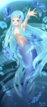 Rule 34 | 1girl, absurdres, blue eyes, blue hair, blush, breasts, convenient hair, fish, highres, long hair, looking at viewer, medium breasts, mermaid, monster girl, nude, seahorse, smile, solo