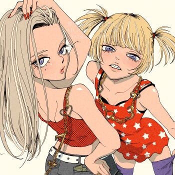 2girls belt black_bra blonde_hair bra bra_peek breasts chain closed_mouth collarbone commentary_request dress fanged_bangs fingernails gold_chain hair_pulled_back hair_tie highres long_hair looking_at_viewer looking_back mole mole_under_eye money multiple_girls nail_polish open_mouth original pants purple_eyes purple_thighhighs pursed_lips red_dress red_nails shoulder_blades small_breasts standing star_(symbol) tank_top teeth thighhighs tucked_money twintails underwear white_belt yatsuki_natsumi