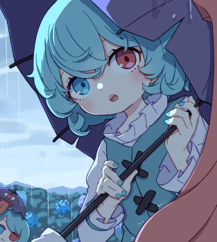Rule 34 | 2girls, :o, absurdres, blue eyes, blue hair, blue nails, blue vest, blush, closed mouth, commentary, dual persona, frilled sleeves, frills, fumo (doll), heterochromia, highres, holding, holding umbrella, kame (kamepan44231), karakasa obake, long sleeves, looking at viewer, multiple girls, nail polish, open mouth, outdoors, purple umbrella, rain, red eyes, shirt, short hair, smile, tatara kogasa, teeth, touhou, umbrella, upper teeth only, vest, white shirt
