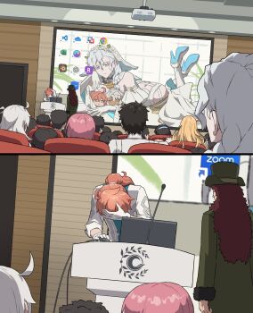 2girls 5boys ahoge aqua_coat arm_at_side artist_request ass bad_tag bare_shoulders black_hair blonde_hair blush braid brown_hair butt_crack chain chaldea_logo chaldea_staff_uniform character_doll chinese_commentary coat commentary_request commission computer computer_mouse cosplay covering_face crossdressing crossdressing_(mtf) crossed_ankles desktop_(computing) detached_collar detached_sleeves doll elbow_gloves fate/grand_order fate_(series) feet_up flower fujimaru_ritsuka_(male) full-face_blush fur-trimmed_sleeves fur_trim gloves google_chrome green_coat green_hat grey_eyes grey_hair hair_between_eyes hair_over_shoulder hair_tie hand_up hat head_wreath high_heels highres holding holding_computer_mouse implied_yaoi indoors kirschtaria_wodime laptop lectern lev_lainur_flauros lock long_hair long_sleeves lying marisbury_animusphere mash_kyrielight meme microphone microsoft_excel multicolored_coat multiple_boys multiple_girls nero_claudius_(bride)_(fate) nero_claudius_(bride)_(fate)_(cosplay) nero_claudius_(bride)_(second_ascension)_(fate) nero_claudius_(fate) olga_marie_animusphere on_stomach orange_hair padlock people pink_hair ponytail presentation_gone_wrong_(meme) projector projector_screen romani_archaman second-party_source shoes short_hair single_braid sleeves_rolled_up solomon_(fate) the_pose top_hat two-tone_coat veil white_coat white_flower white_gloves white_shoes white_veil wide_sleeves
