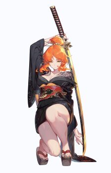 Rule 34 | 1girl, absurdres, arm up, black kimono, commentary request, geta, hair bun, hair ornament, hair stick, highres, holding, holding sword, holding weapon, irezumi, ishmael (project moon), japanese clothes, kimono, kirindora, kurokumo clan (identity) (project moon), limbus company, long sleeves, off shoulder, ootachi, project moon, red sash, sash, sidelocks, simple background, solo, squatting, sword, tattoo, weapon, white background, wide sleeves