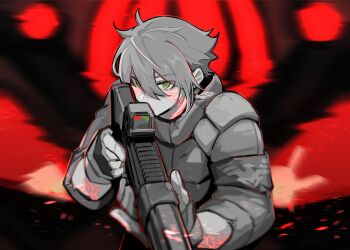 Rule 34 | 1boy, absurdres, armor, assault rifle, bulletproof vest, commentary, elan ceres, english commentary, green hair, gun, gundam, gundam suisei no majo, highres, holding, holding gun, holding weapon, multi-tied hair, optical sight, rifle, science fiction, tactical clothes, trigger discipline, weapon, xinhao