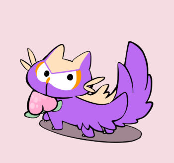 Rule 34 | animal focus, berry (pokemon), bird p sknp, commentary request, flat color, food, food in mouth, fruit, full body, gen 4 pokemon, looking back, lowres, nintendo, no humans, pecha berry, pink background, pokemon, pokemon (creature), pokemon focus, simple background, solo, stunky