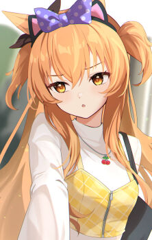 1girl animal_ear_hairband animal_ears black_bow blurry blurry_background blush bow cat_ear_hairband cat_ears cherry_necklace commentary_request ear_bow fake_animal_ears food-themed_necklace hair_bow hairband highres horse_ears horse_girl long_hair looking_to_the_side mayano_top_gun_(casual)_(umamusume) mayano_top_gun_(umamusume) meyamu open_mouth orange_eyes orange_hair outstretched_arm polka_dot polka_dot_bow purple_bow shirt solo two_side_up umamusume upper_body v-shaped_eyebrows vest white_shirt yellow_vest
