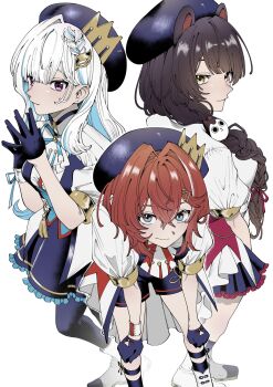 3girls ange_katrina animal_ears animal_hair_ornament ankle_boots beret blue_eyes blue_gloves blue_hair blue_hat blue_ribbon blue_shorts blue_skirt blue_socks blue_thighhighs boots braid breasts brown_hair closed_mouth colored_inner_hair contrast_lapels crossed_bangs crown_hat_ornament dog_ears frilled_skirt frills gloves hair_behind_ear hair_between_eyes hair_intakes hair_ornament hair_over_shoulder hands_on_own_knees hands_up hashtag-only_commentary hat heterochromia hiehiepasuta highres inui_toko jacket lapels leaning_forward lize_helesta long_bangs long_hair looking_at_viewer miniskirt multicolored_eyes multicolored_hair multiple_girls neck_ribbon nijisanji own_hands_together pink_eyes pleated_skirt puffy_short_sleeves puffy_sleeves purple_eyes red_eyes red_hair ribbon sanbaka_(nijisanji) sanbaka_anniversary_outfit shin_strap short_sleeves shorts simple_background single_hair_intake single_wrist_cuff skirt small_breasts smile socks standing steepled_fingers streaked_hair thighhighs two-tone_eyes two-tone_hair very_long_hair virtual_youtuber white_background white_boots white_hair white_jacket white_wrist_cuffs wrist_cuffs wrist_ribbon yellow_eyes